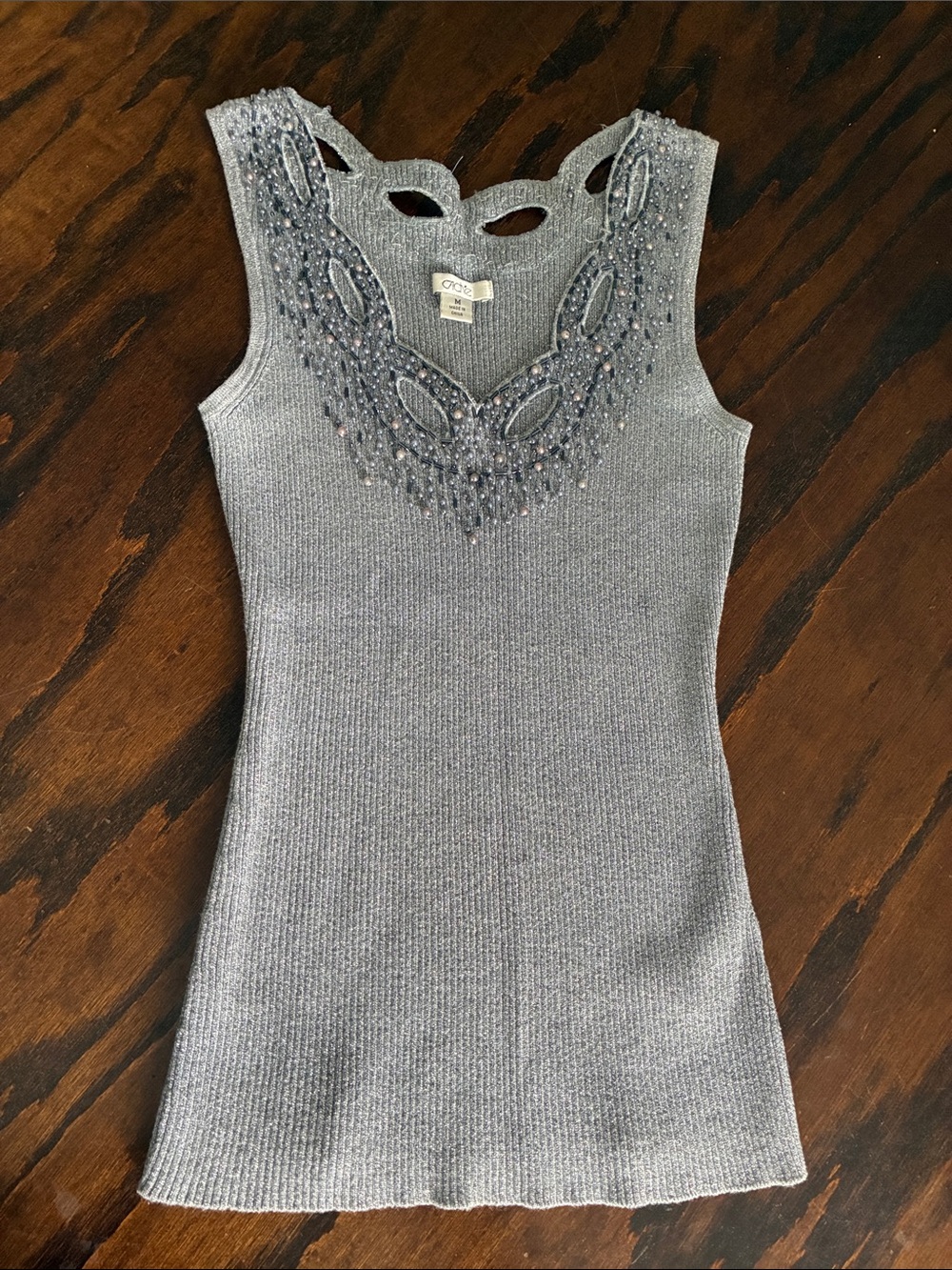 Cache Silver Beaded Cutout Knit Tank